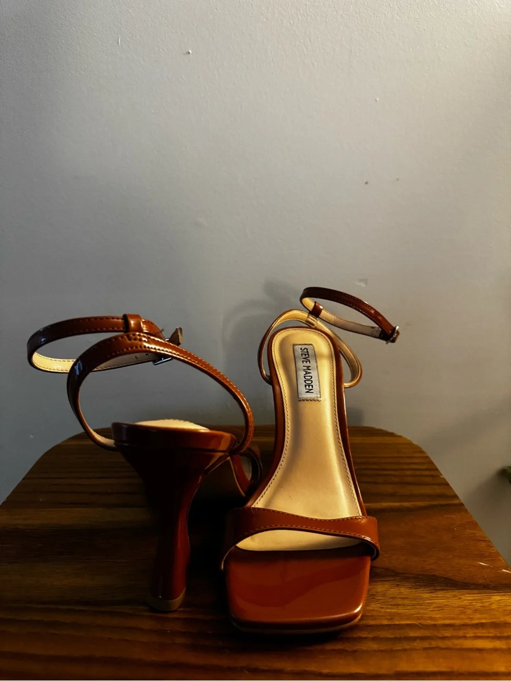 Steve Madden Cognac Brown Square-Toe Ankle Strap Heels